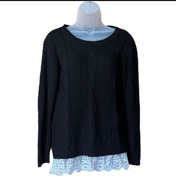 ABStudio Black Cableknit Crewneck Sweater Lace Trim Sz S Whimsigoth Twee - Picture 1 of 12